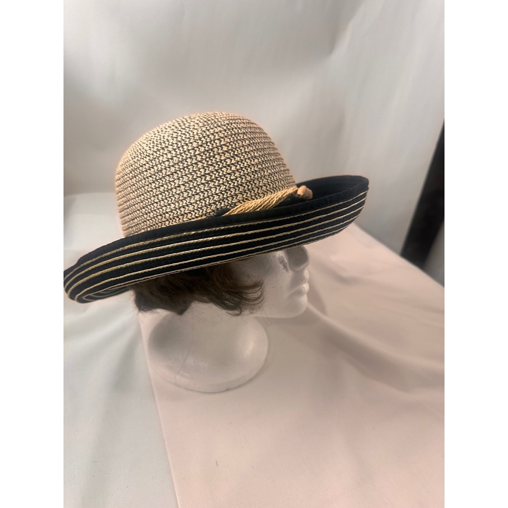 J Hats Black Tan Woven Wide Brim Sun Hat with‎ Bead Rope Accent 58cm